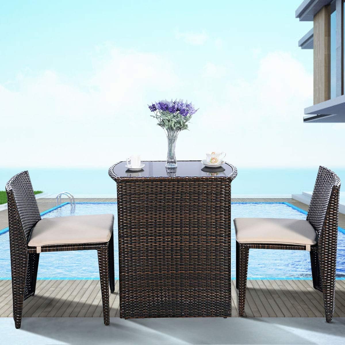 Giantex 3 PCS Cushioned Outdoor Wicker Patio Set Convention Bistro Set Garden Lawn Sofa Furniture (Brown) : Patio, Lawn & Garden