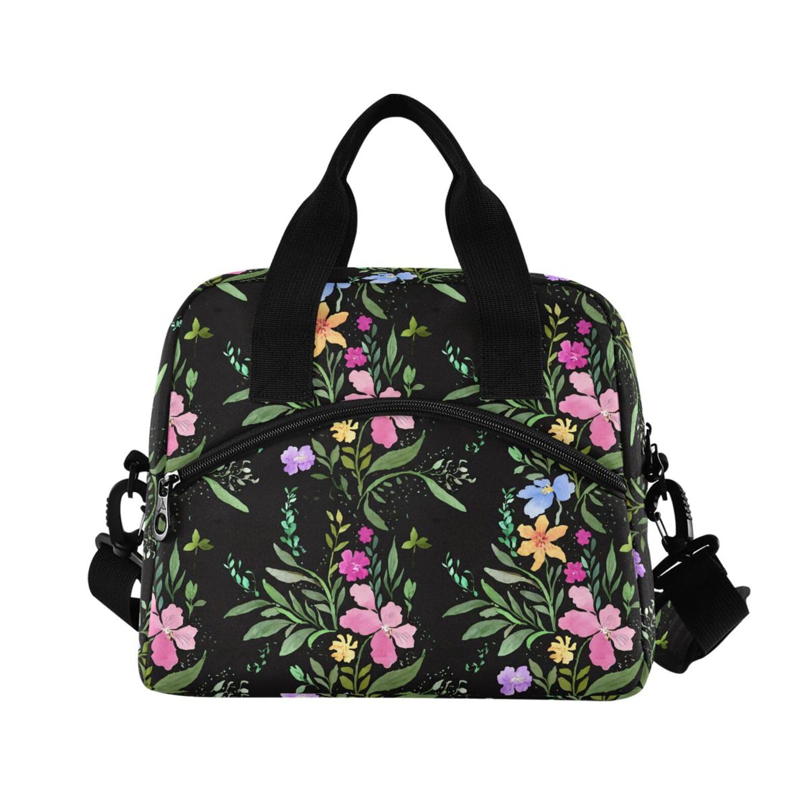 Sinestour Insulated Lunch Bag Reusable Cooler Blossom Leaves Black Lunch Box Adjustable Shoulder Strap for Office Men Women