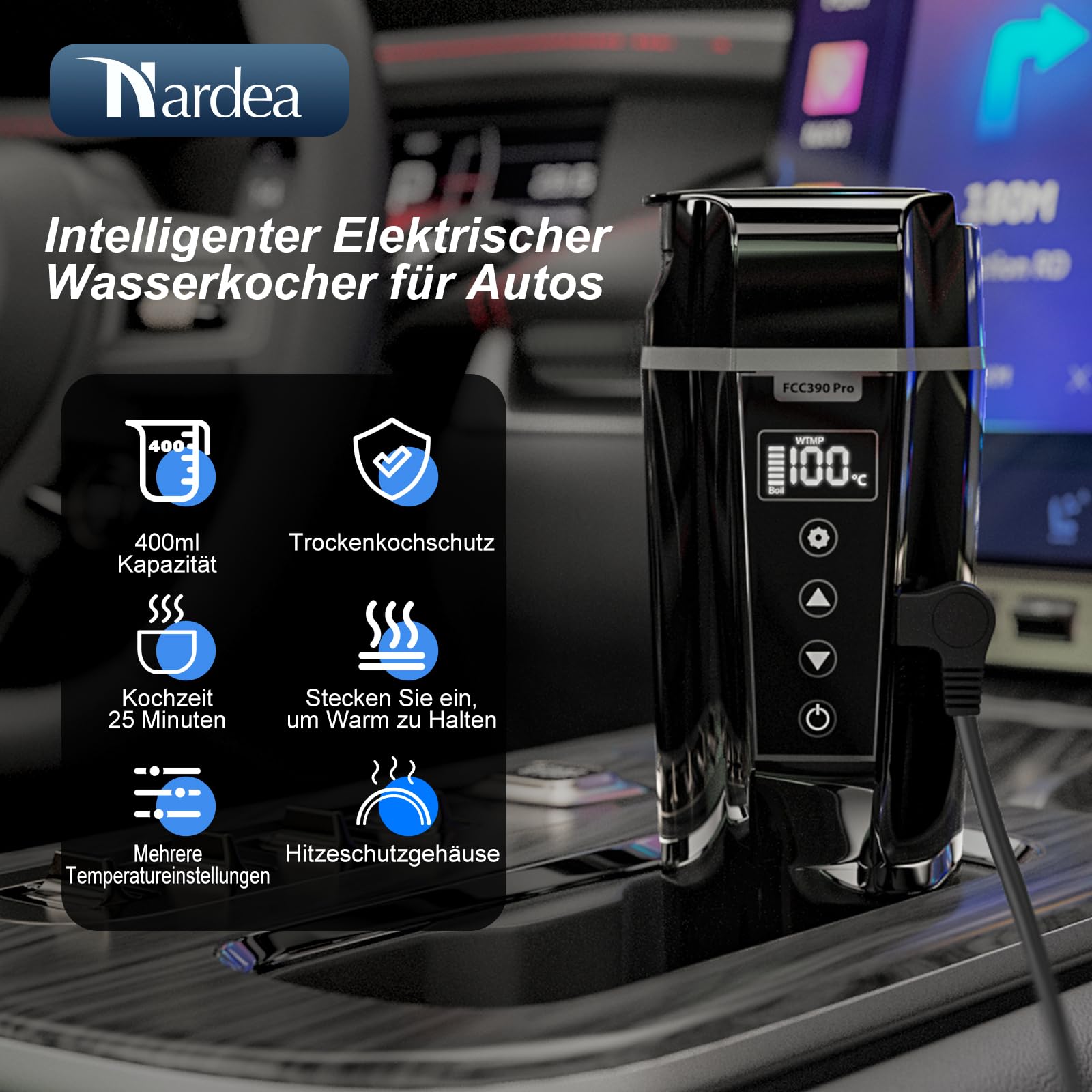 Elektrischer Wasserkocher für das Auto, 12 V/24 V, tragbarer Reisewasserkocher für LKW, Kaffee- und Teemaschine mit Innenmaterial aus Edelstahl 304, Temperaturregelung, 450 ml