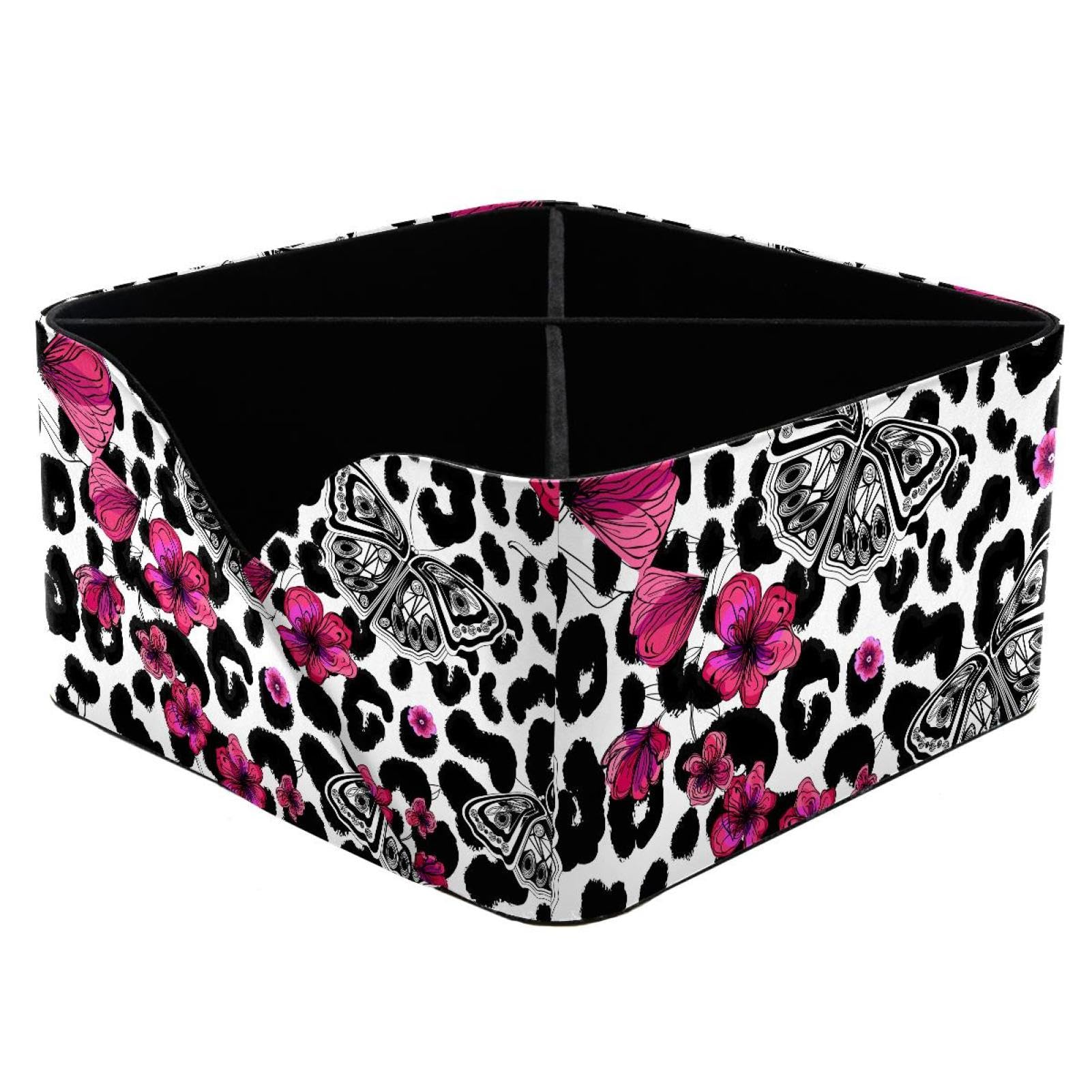 KengjuTesu Butterflies and Flowers on Leopard Spots Desktop Organizer Pen Holder, Rectangular Pencil Cup for Office, Study and Makeup Stations
