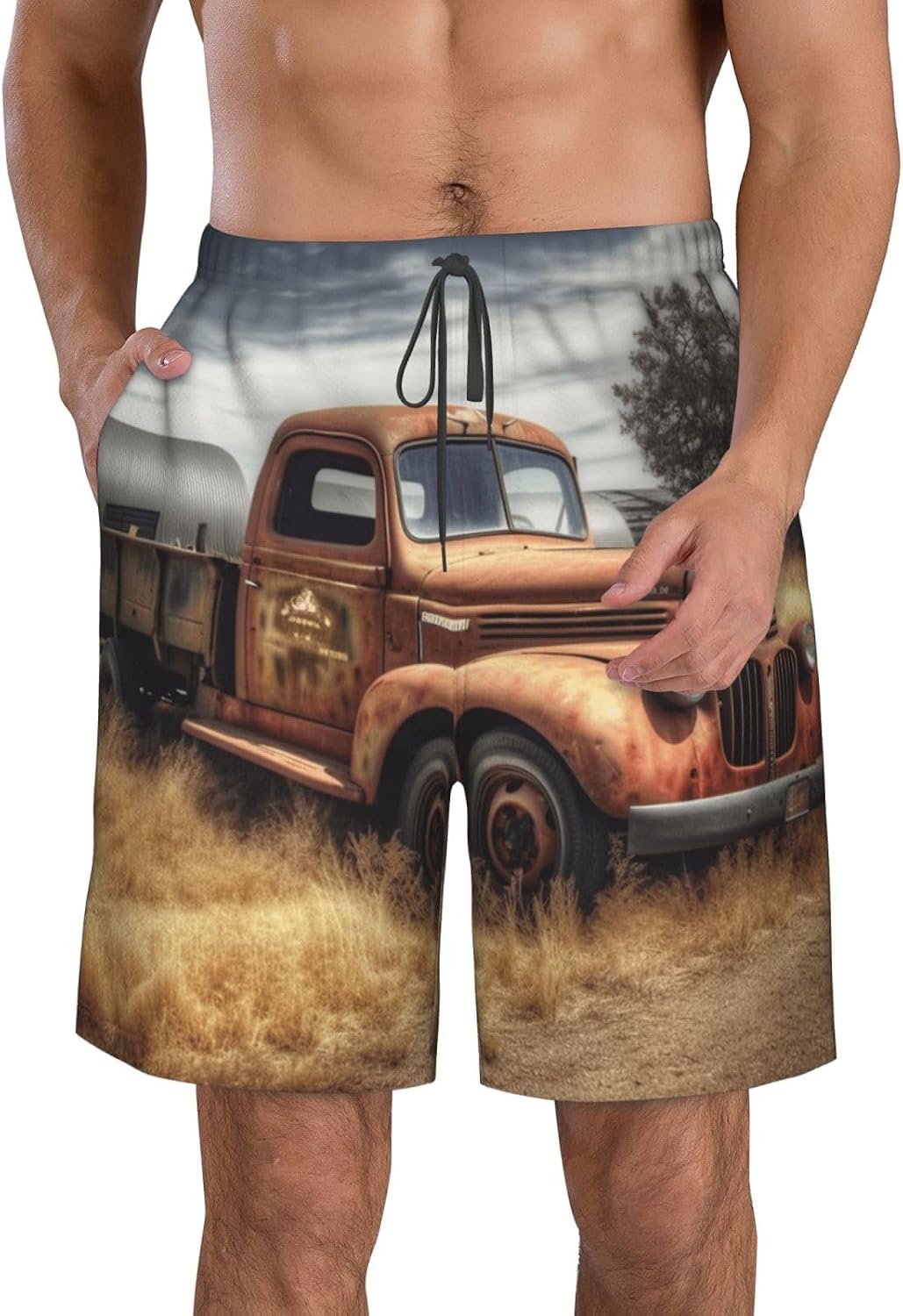 Old Truck Car Men's Swim Trunks Casual Drawstring Swim Shorts Summer Beach Board Shorts with Pockets