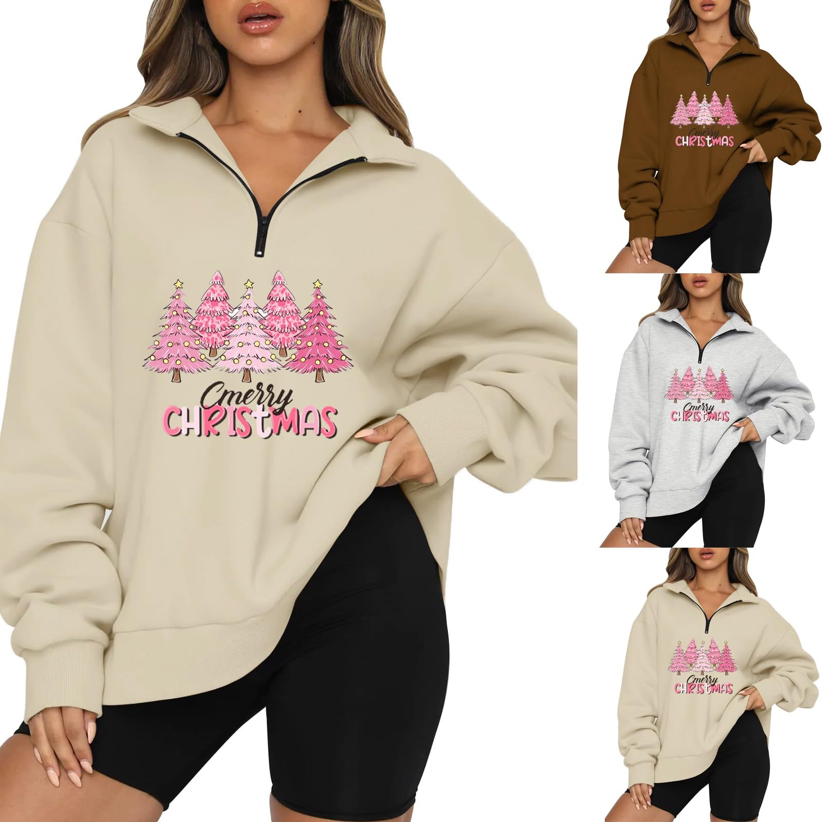 Christmas Zip Up Sweatshirt Women Printed Long Sleeved Sweater Pullover Half Zipper Cute Sweatshirts Comfy Cloth