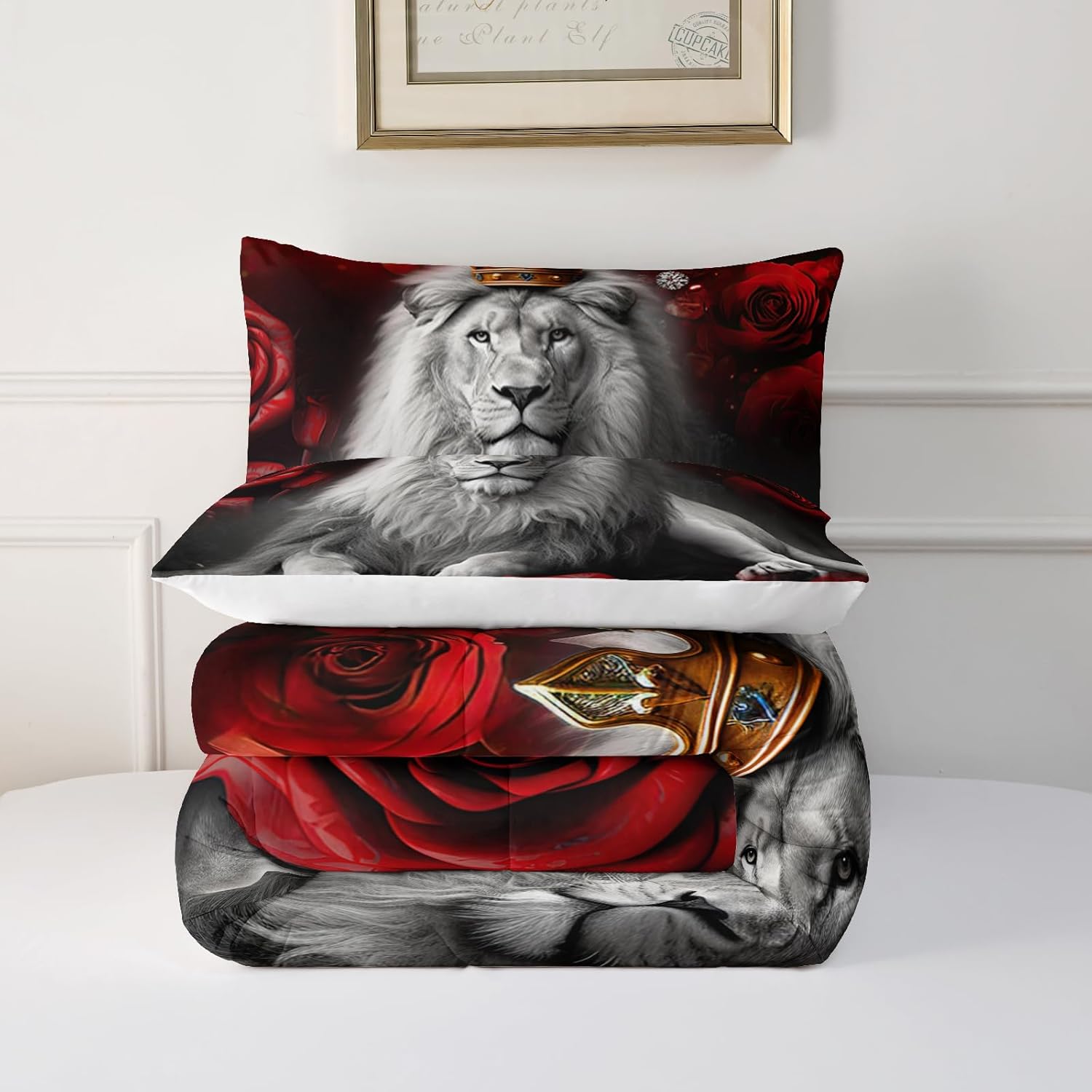 Wild Lion Comforter Set Queen Size, 3Pcs Animal Lion and Red Rose Bedding Set for Women and Adults, Cheetah Soft Comforter Set for Bedroom Bed Decor, 1 Comforter+ 2 Pillowcases.