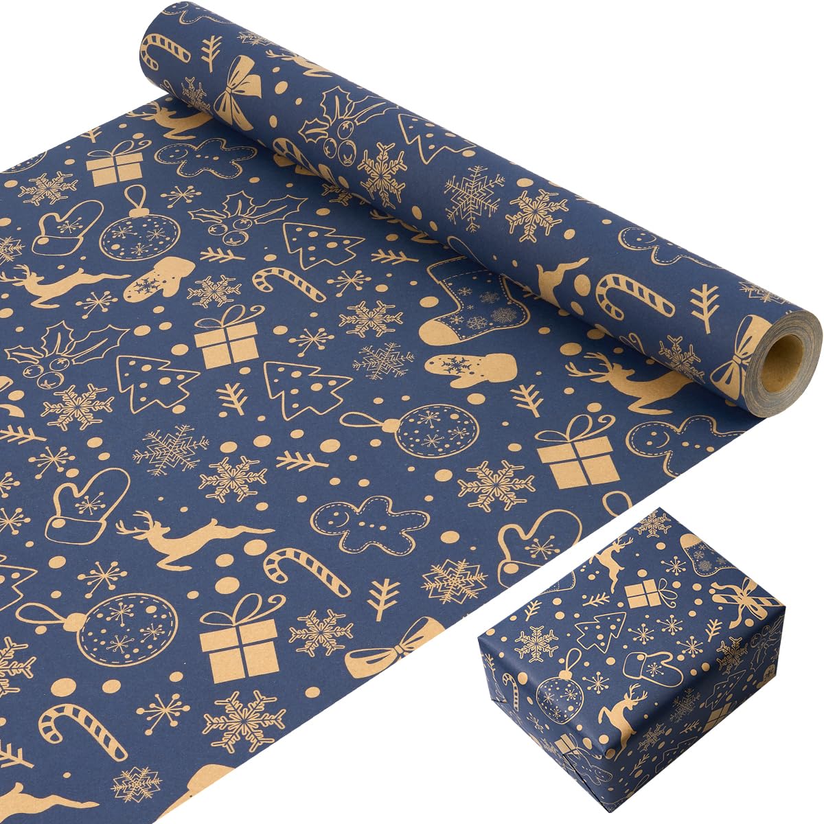 43cm x 15M Blue Christmas Wrapping Paper Roll, Recyclable Kraft Gift Wrapping Paper Printed with Christmas Pattern for Xmas Party Gift Wrap