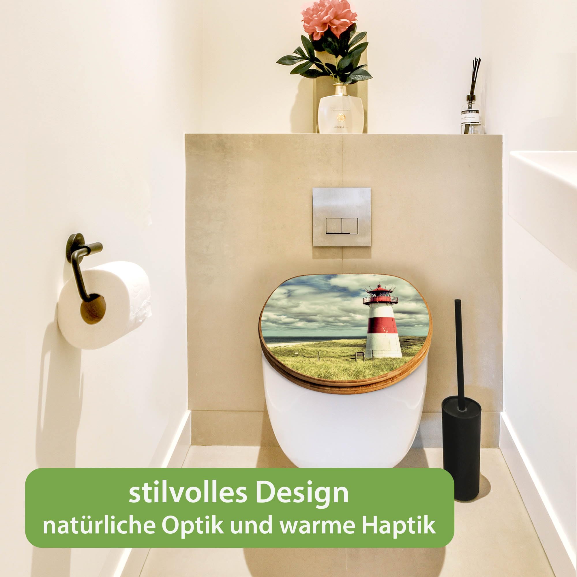 banjado Design WC Sitz Bambus Absenkautomatik 45,8x37,5cm - Toilettendeckel mit Absenkautomatik Holz - hochwertiger Bambus Klodeckel - WC-Sitz für gängigen Toiletten - Motiv Leuchtturm Sylt