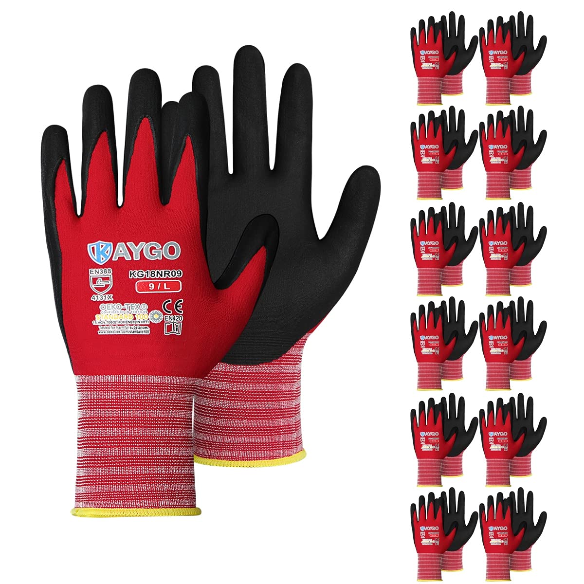 Safety Work Gloves MicroFoam Nitrile Coated-12 Pairs,KAYGO KG18NB,Seamless Knit Nylon Glove with Black Micro-Foam Nitrile Grip,Ideal for General