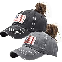 Distressed Ponytail Hat for Women American-Flag Pony Tail Caps High Bun