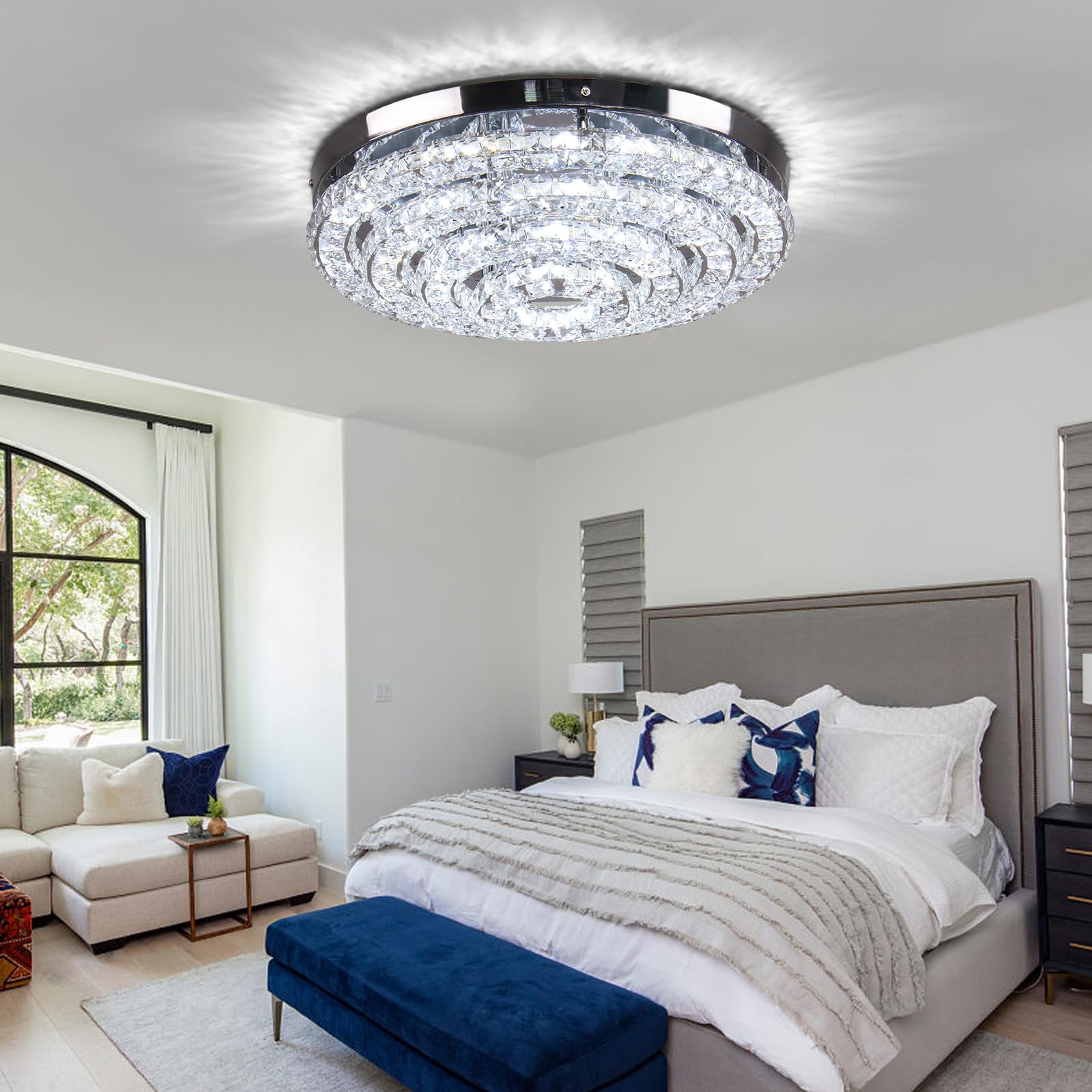 FRIXCHUR 45 cm Runde Kristall LED Deckenleuchte, 6000K Tageslichtweiß | Moderne Edelstahl-Deckenlampe mit Kristalloptik für Wohnzimmer, Schlafzimmer, Küche und Flur; klares kaltweißes LED-Licht