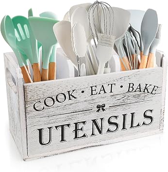 3-Compartment Solid Wood Kitchen Utensil Holder, 26.510.515.5cm Detachable Countertop Organizer with Drainage Holes, Versatile Home Storage for Restaurant, Cafe & Bakery White