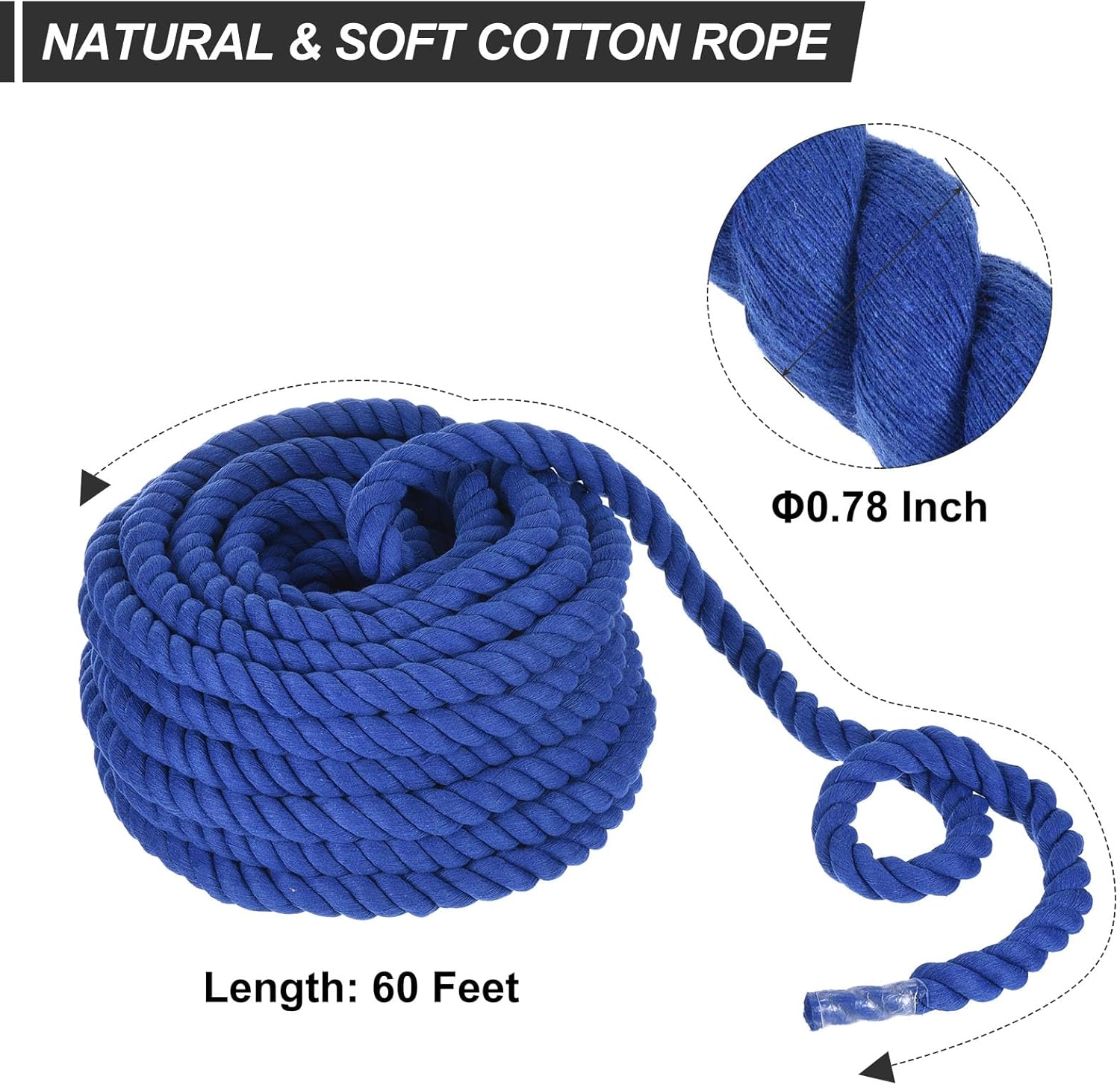 PATIKIL 60 Feet Tug of War Rope for Adults Teen Field Day Yard Games Party Carnival Family Game Twisted Cotton Rope for Outdoor Backyard Home Lawn, Blue
