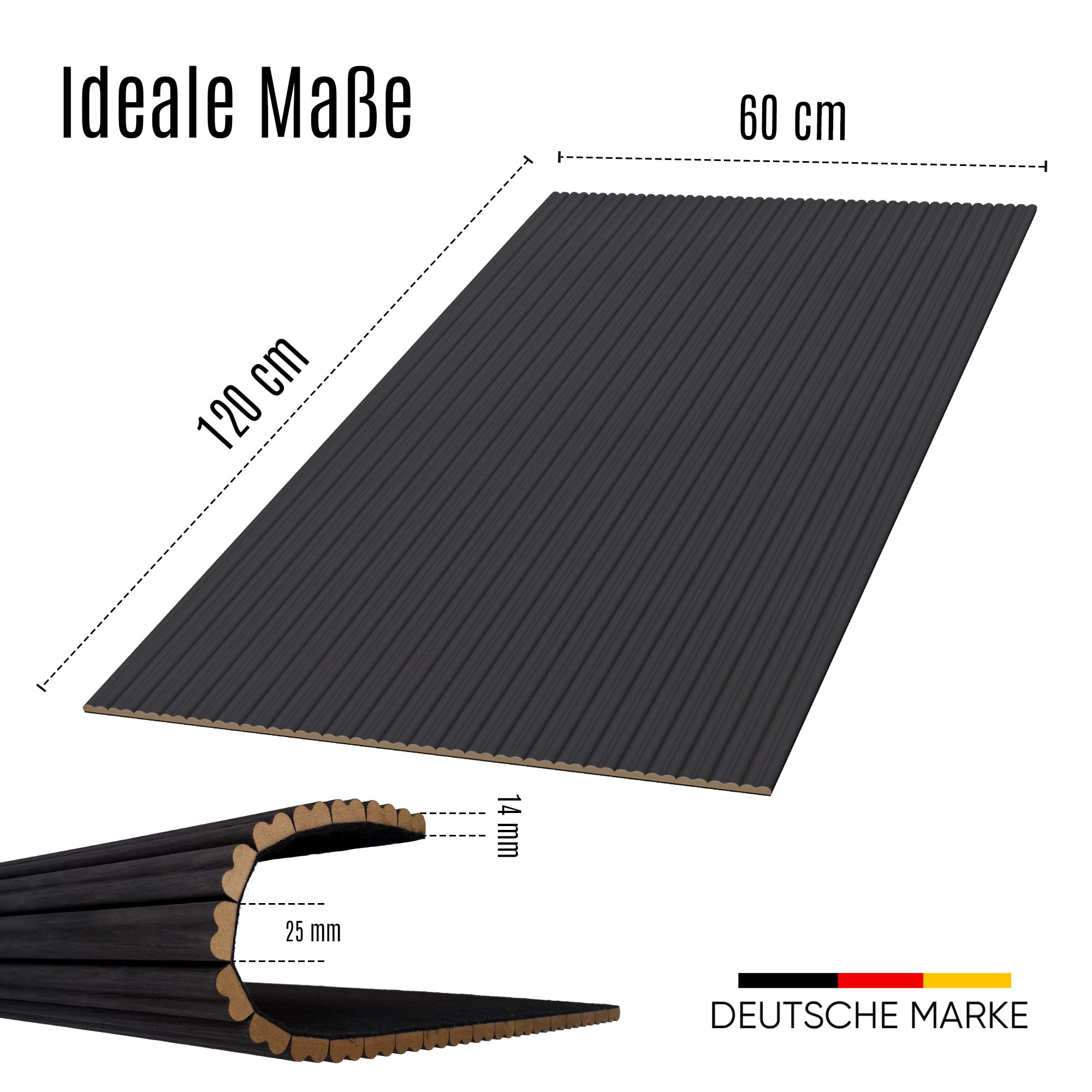 Flexible Akustikpaneele – 120×60 cm (1 Stück) – Wellenprofil – Farbe Schwarze Eiche – Für flache & gebogene Flächen – Holzoptik