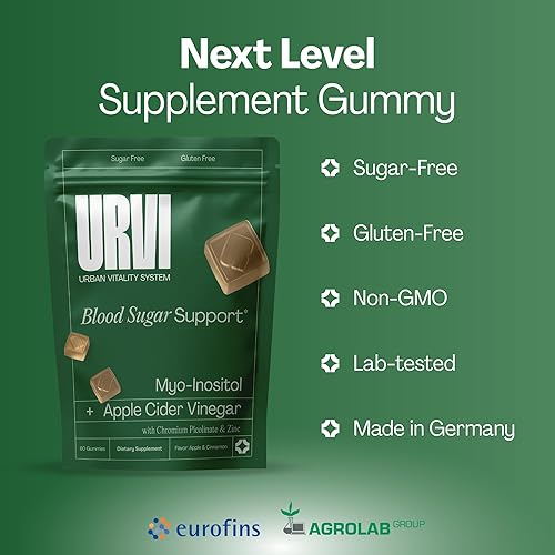 Miniatura 4 de URVI Gomitas de apoyo al azúcar en la sangre 300 mg de vinagre de sidra de manzana, 150 mg de mio-inositol, cromo y zinc sin azúcar sabor manzana