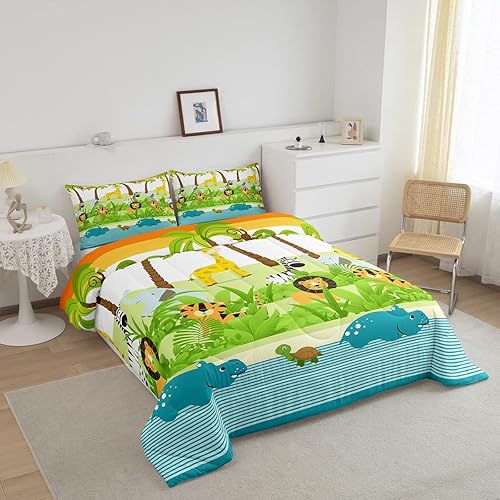 Miniatura 2 de Juego de edredón Kawaii de dibujos animados de animales lindos jirafa león elefante para niñas y niños, bonita decoración botánica de palmera,