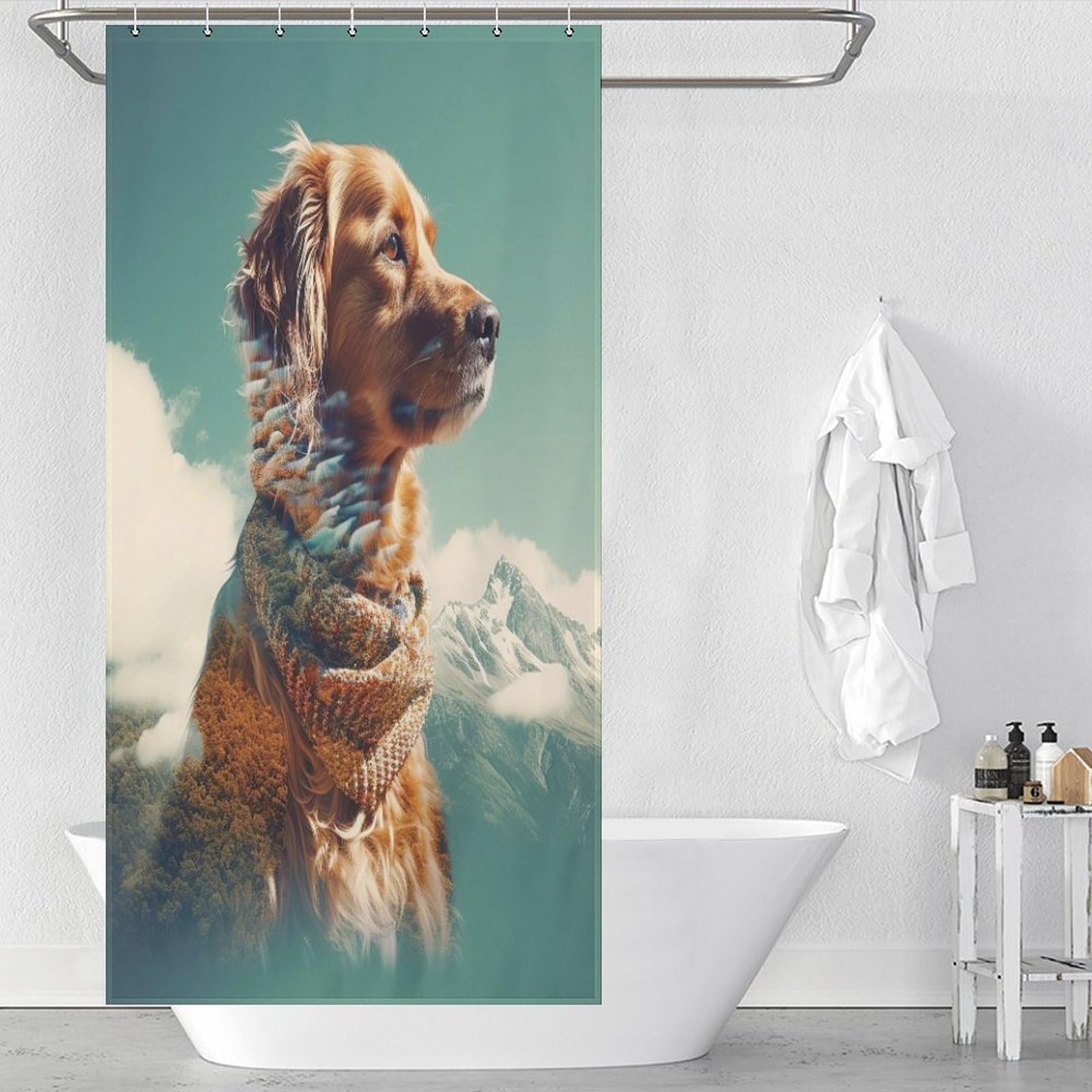 Rideau de douche chien anti-éclaboussures en tissu polyester avec crochets