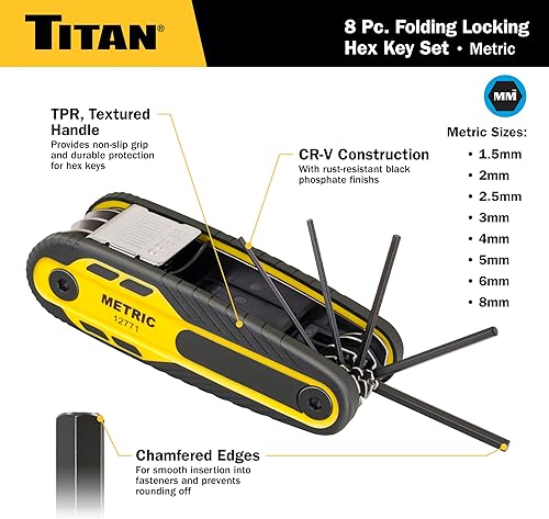 Miniatura 3 de Titan 12771 Juego de llaves Allen plegables métricas de 8 piezas, cerraduras de llave hexagonal de bloqueo a 90, 135 y 180 a través de dos botones,