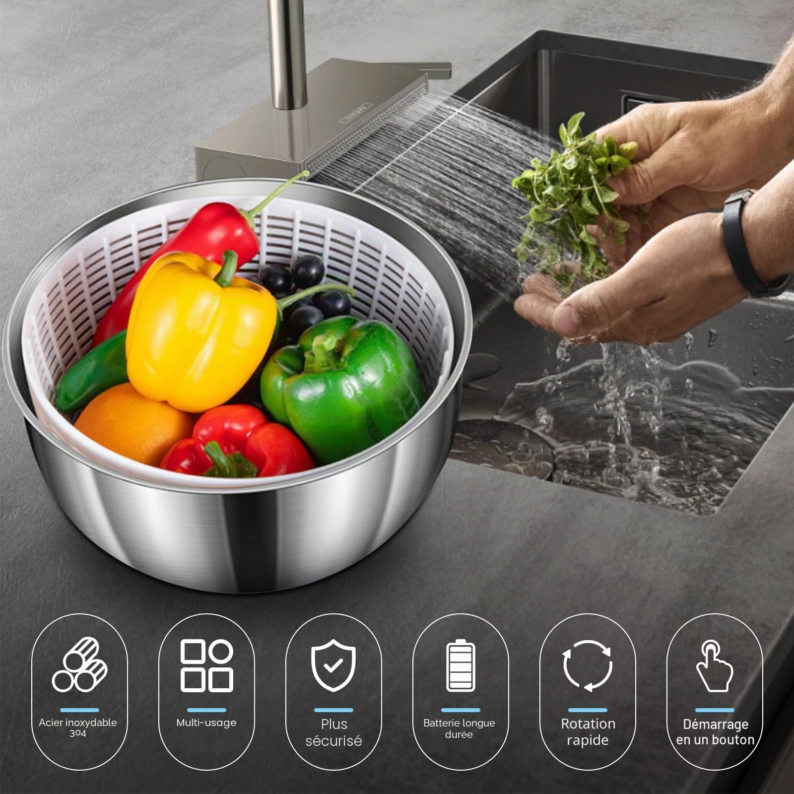 Essoreuse à salade, en acier inoxydable, 4,5 l, avec essorage automatique, fond antidérapant et rechargeable par USB, séchoir à fruits/légumes avec couvercle, grande salade spinner pour salade