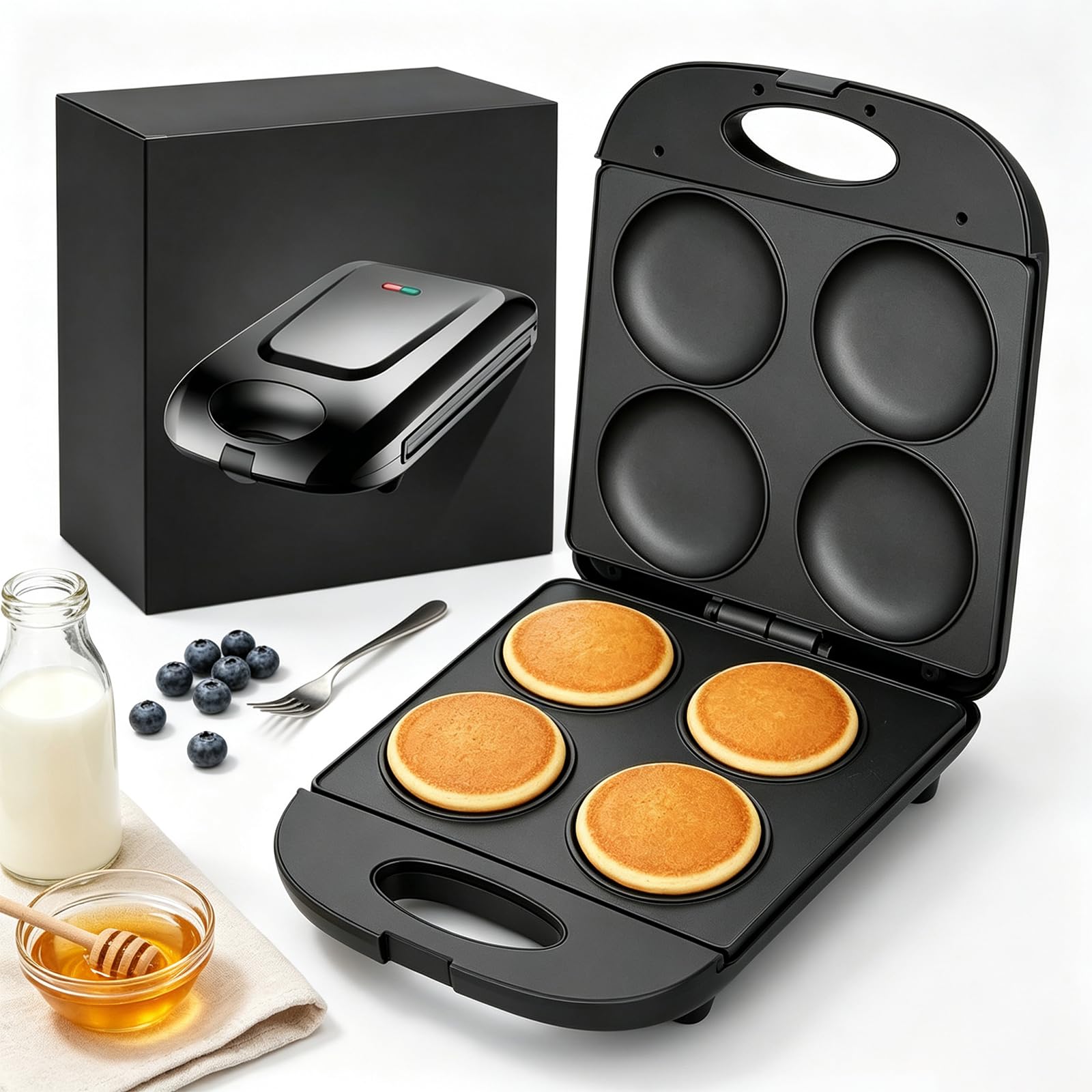 Mini pancake elettrico da 1400 W, antiaderente/crea 4 frittelle uniche, per cucinare muffin, uova fritte, hamburger, frittata