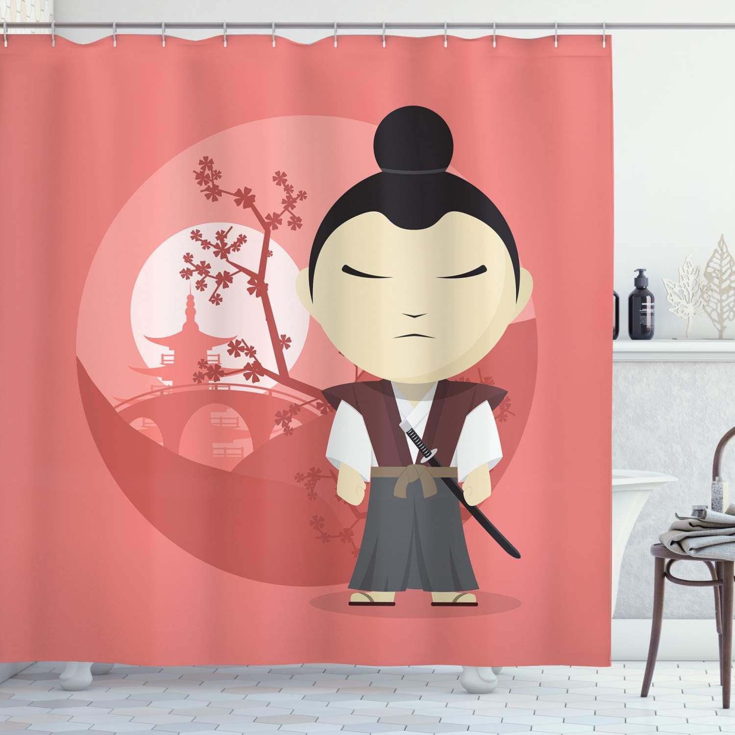 Ambesonne Samurai Shower Curtain, Funny Cartoon Style Composition with Oriental Buildings and Sakura Trees Background, Cloth Fabric Bathroom Decor Set with Hooks, 69" W x 75" L, Multicolor