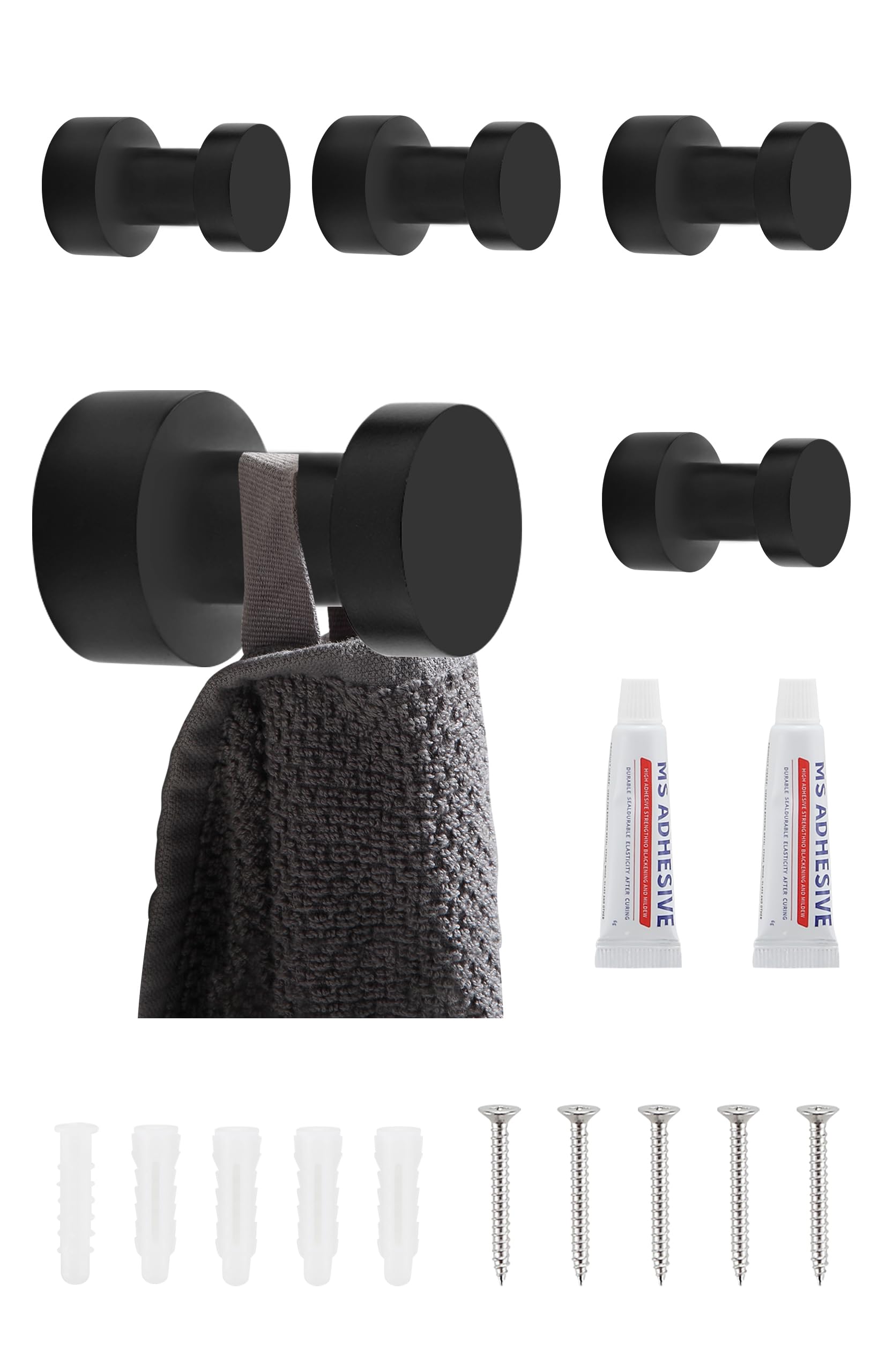 BGL Matt Schwarze Handtuchhaken - Set mit 5 Stück | Rostfreie Metall-Wandhaken für Bad & Küche | Selbstklebend oder zur Wandmontage