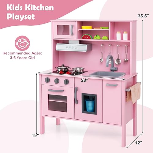 Vista 26 de HONEY JOY Juego de cocina para niños con luces, juego de cocina de madera con 2 contenedores de almacenamiento, cafetera, microondas, máquina