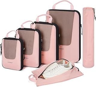 Compression Packing Cubes, BAGSMART 6 Set Packing Cubes for Carry On Suitcases, Compression Suitcase Organizer Bags Set for Travel Essentials, Lightweight Expandable Luggage Organizer Bags as Travel Accessories for Women, Baby Pink