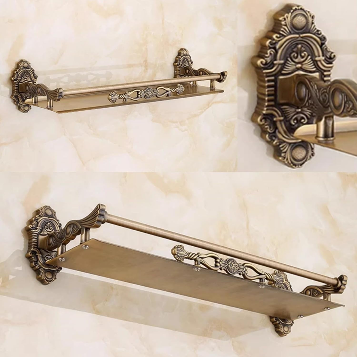 Vintage Gold Bathroom Shelves Wall Mounted,Metal Floating Shelf with Railing, Storage Rack for Bathroom, Kitchen, Living Room, Bedroom(52cm/20.5in)