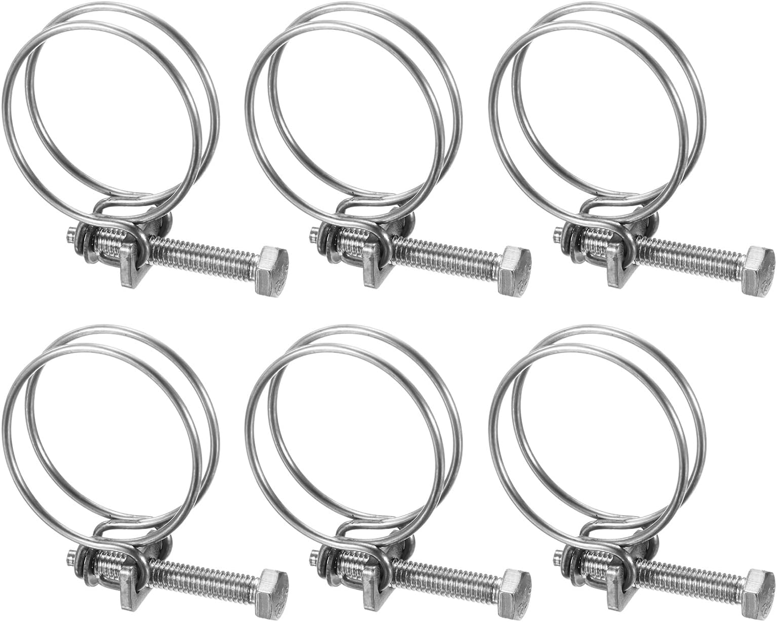 6-Pack Double Wire Hose Clamp, 34-38mm 304 Stainless Steel Hose Clips Pipe Tube Clamps with M6 Bolt Adjustable for Dust Collection Hose/Pump/Rubber/PVC Pipe Connect [Silver]