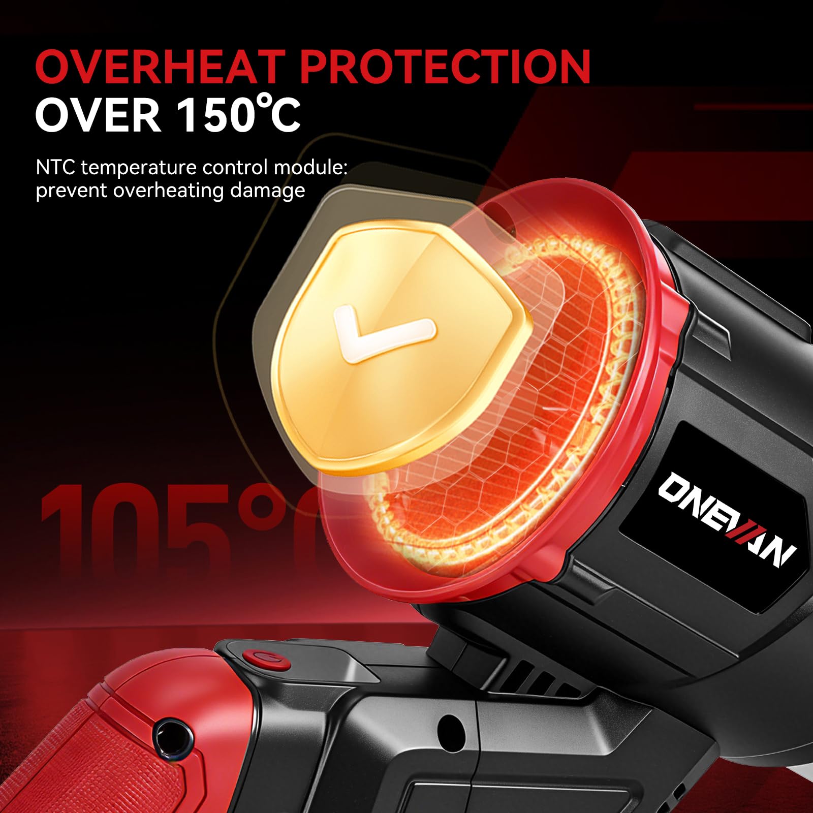ONEVAN Soffiatore elettrico a batteria con display digitale, 525 W, senza spazzole, girevole a 180°, 180 km/h e 3 marce, 558 m³/h, con 4 ugelli, 2 batterie da 4,5 Ah, soffiatore senza fili per