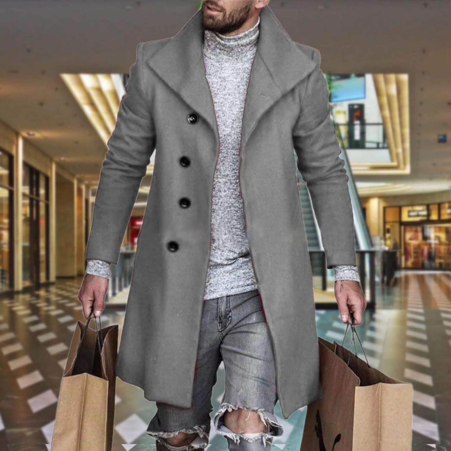 Men's Plaid Long Trench Coat Mid - Length Lapel Collar Button Down Warm Overcoat for Winter & Autumn Fashion - Image 2