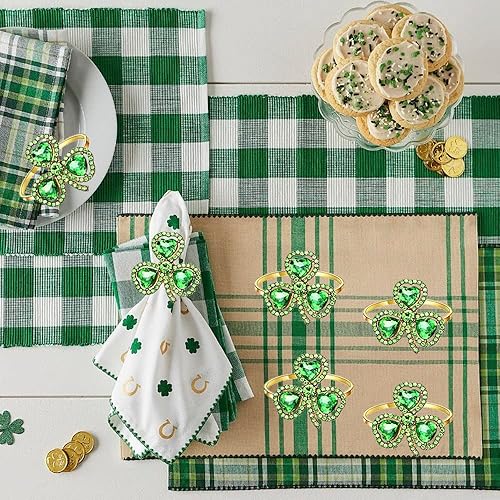 Miniatura 7 de Juego de 8 servilleteros del día de San Patricio con purpurina de diamantes de imitación de hojas verdes para servilleteros irlandeses para