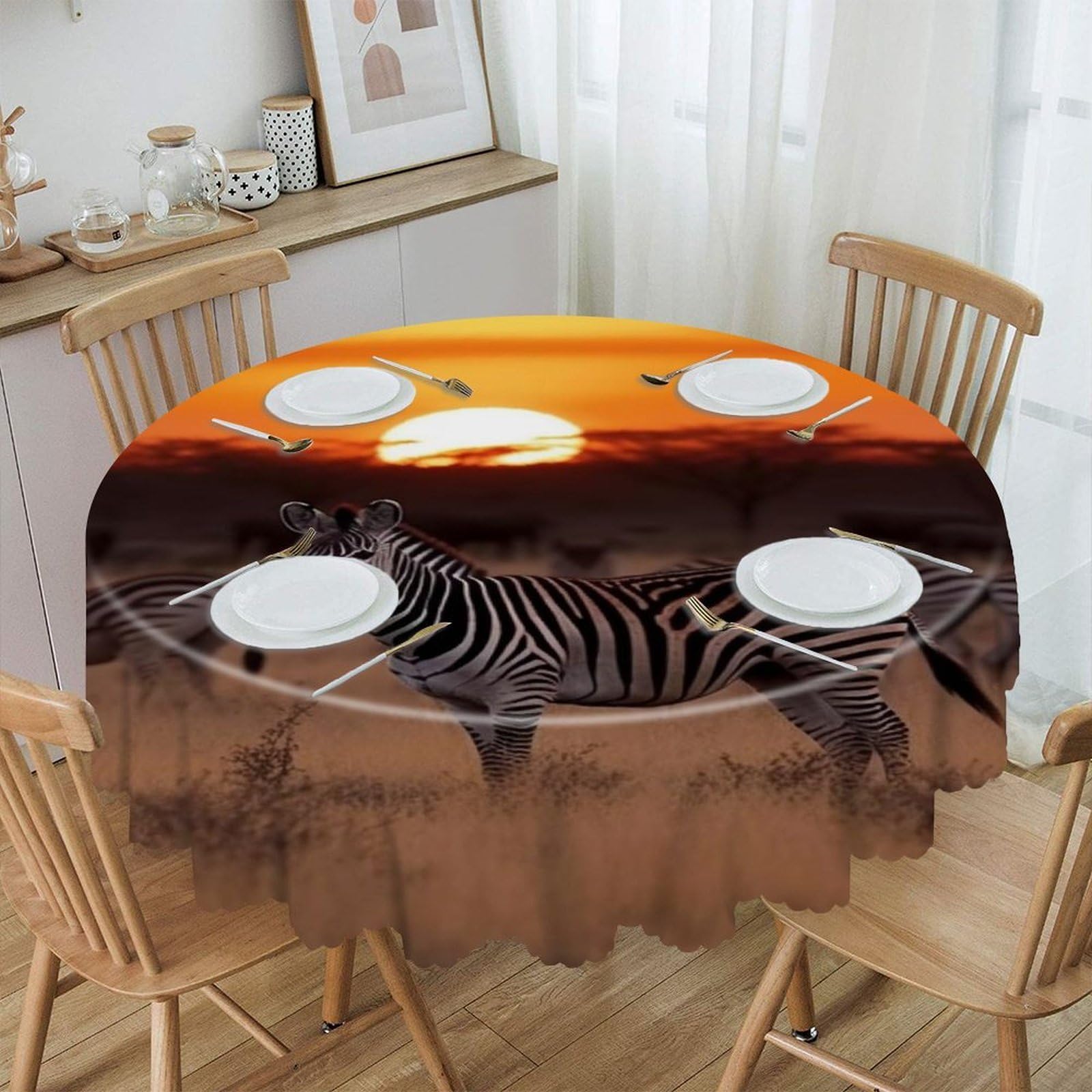 LZQPOEAS Africa Sunset Zebra Round Tablecloth Rustic Circle Table Cloth Wrinkle Resistant Decor Tablecloth Waterproof Washable Table Cover for Kitchen Party Dining Table 60 Inch