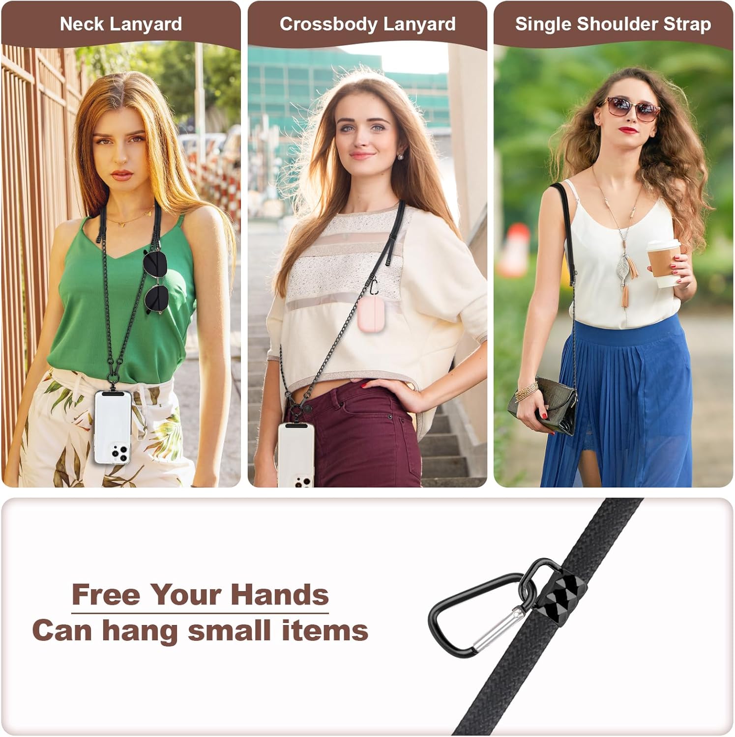 Cell Phone Chain Crossbody Phone Lanyard with 2 Metal Tether Tabs, Adjustable Black Braided Phone Strap and Phone Chain Strap Combination, Cell iPhone Lanyard Crossbody for Women and Men, Black - Image 2