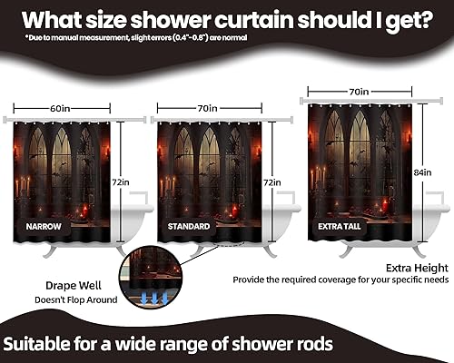 Miniatura 4 de Cortina de ducha de Halloween, diseño de mansión embrujada gótica espeluznante, juego de cortinas de baño de castillo de murciélago gótico