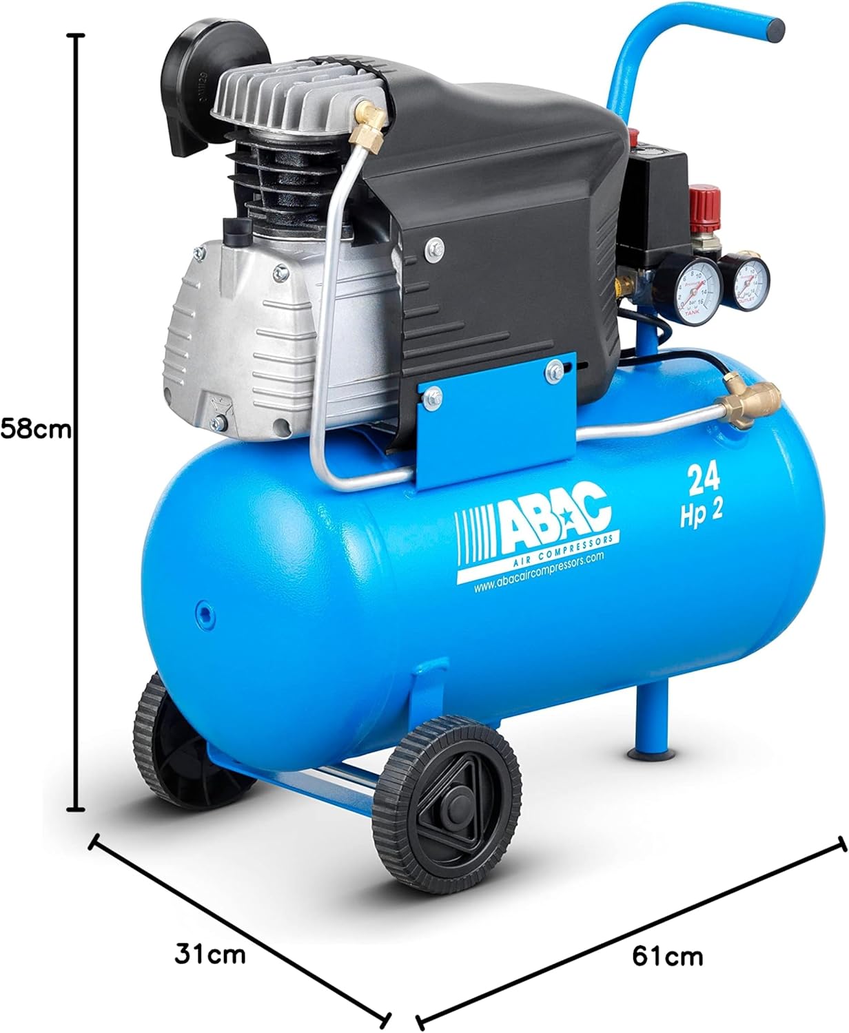 Dimensions diagram for ABAC POLE POSITION L20 Air Compressor
