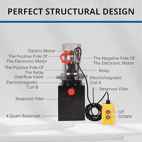 Miniatura 18 de Unidad de potencia hidráulica de 15 cuartos de galón de 12 V DC Bomba hidráulica de efecto único de depósito de metal Bomba de remolque