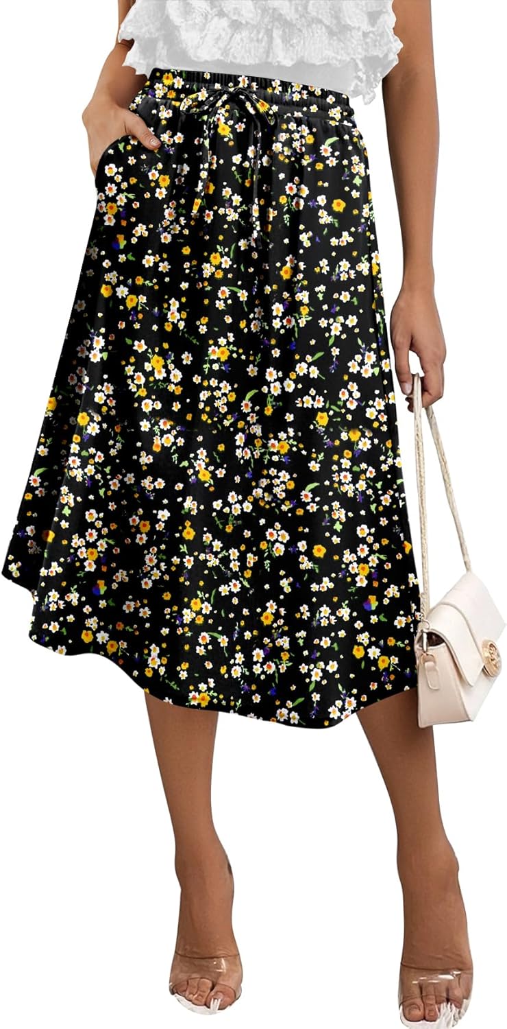 Angerella Womens Skirt Midi High Waist A-Line Casual Floral Print Trendy Bohemia Work Elegant with Pockets