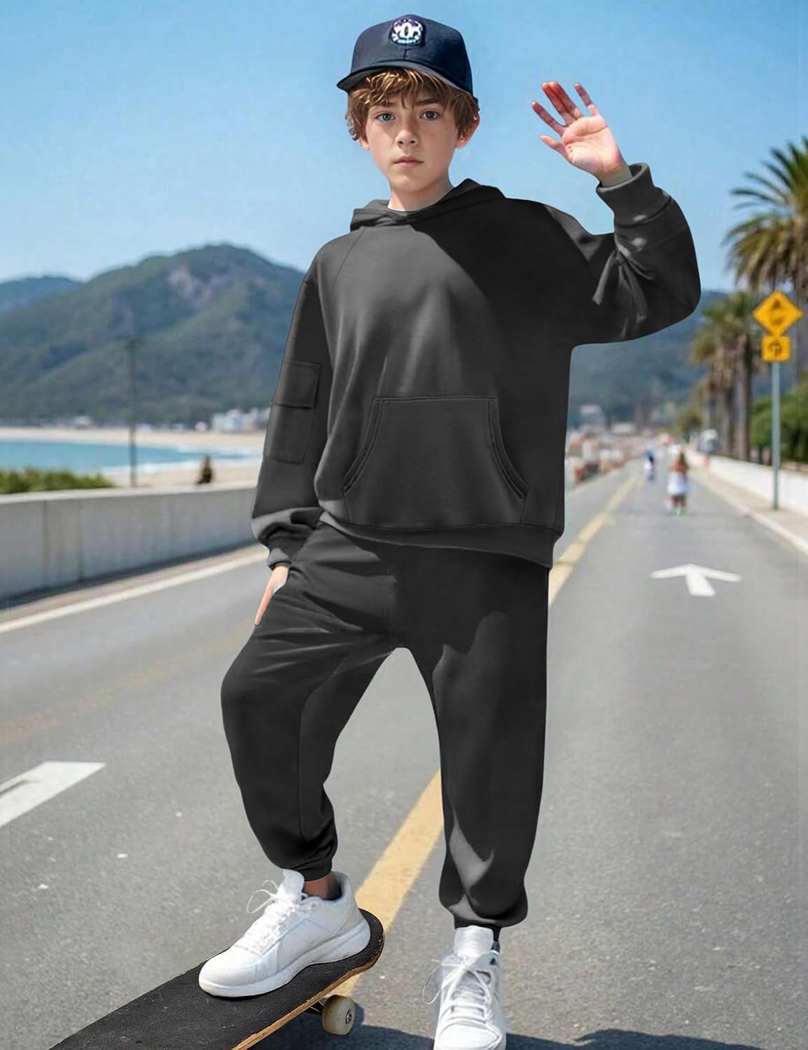 Boys Clothes Long Sleeve Solid Kangaroo Pocket Hoodie Top and Pants Fall Winter 2 Piece Outfits Set 6-12T - Image 4