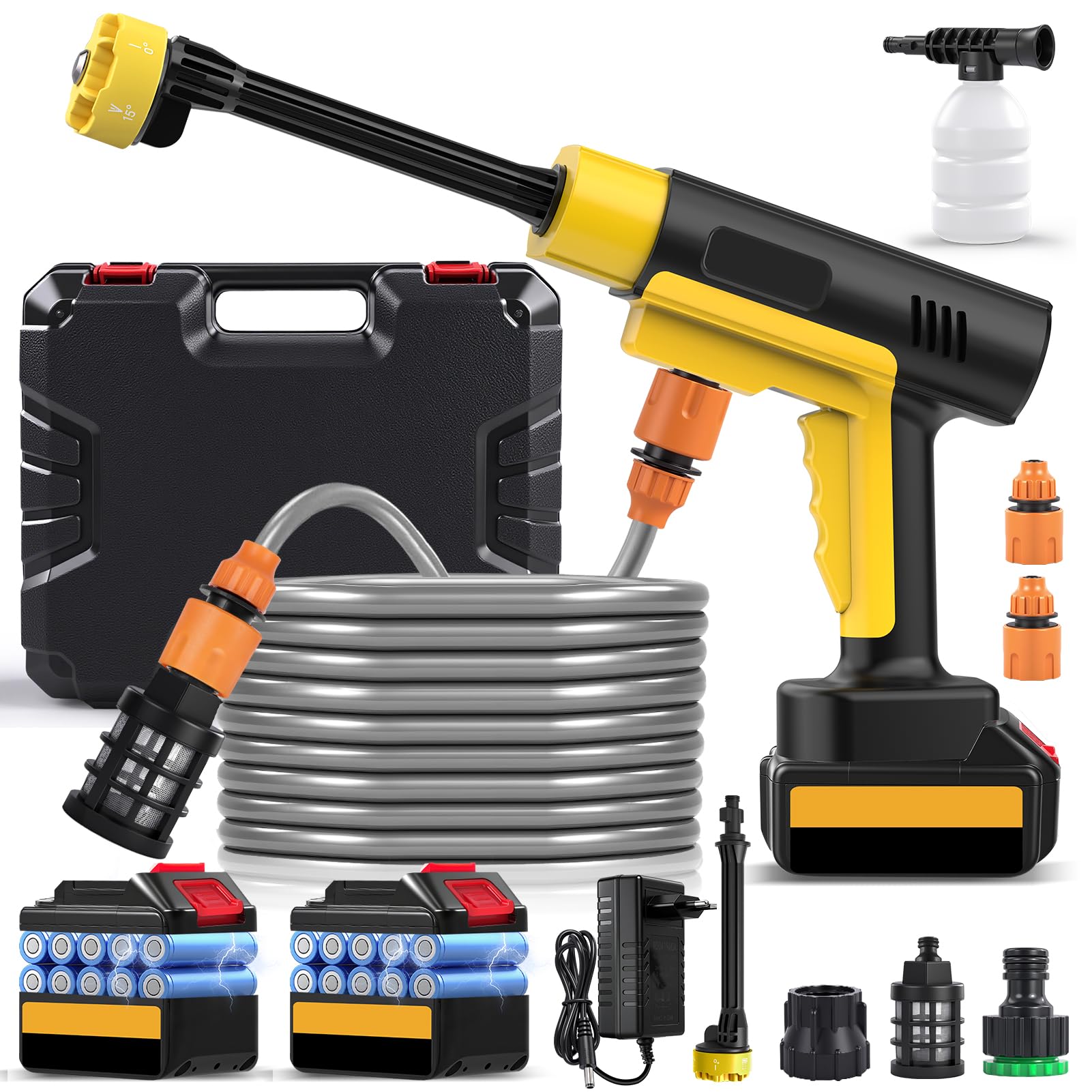 21V Hidrolimpiadora Bateria, 130Bar/1880PSI, 8L/min, 6 en 1 Boquilla con 5M Manguera, 2×3.0Ah Baterías, Alcance 12m para Coche Patio Jardín Limpieza Suelos (con Caja de Herramientas)