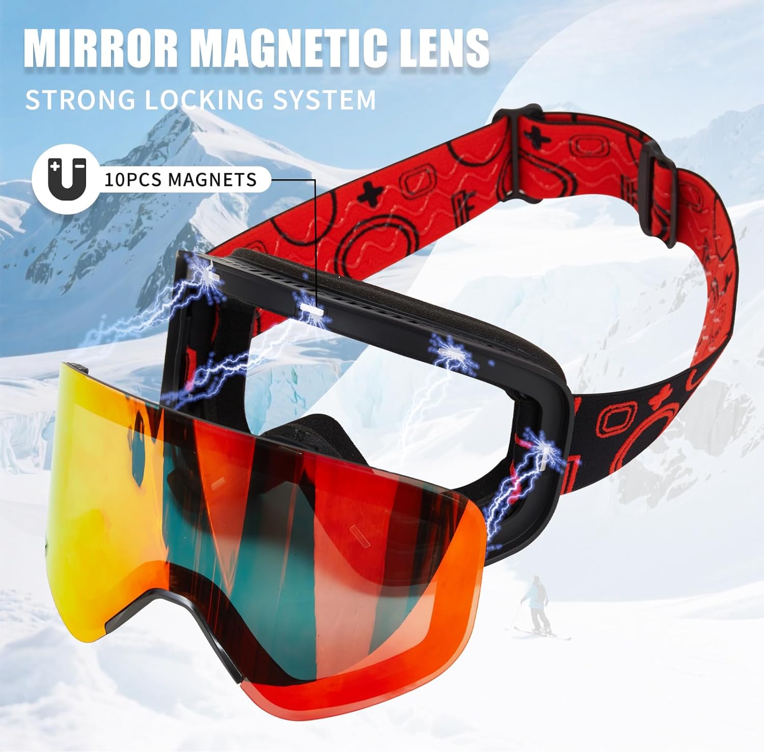 Ski Goggles,OTG Snowboard Goggles Magnetic Interchangeable Lens,UV Protection Anti-fog,YH879B Snow Goggles for Men Women