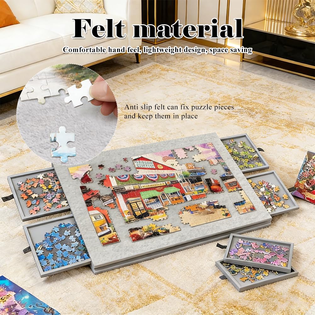 Rompecabezas de mesa inclinable para 1000 piezas, tablero de puzle de fieltro ligero con 6 cajones clasificadores, tablero portátil con soporte ajustable y cubierta (gris plateado)
