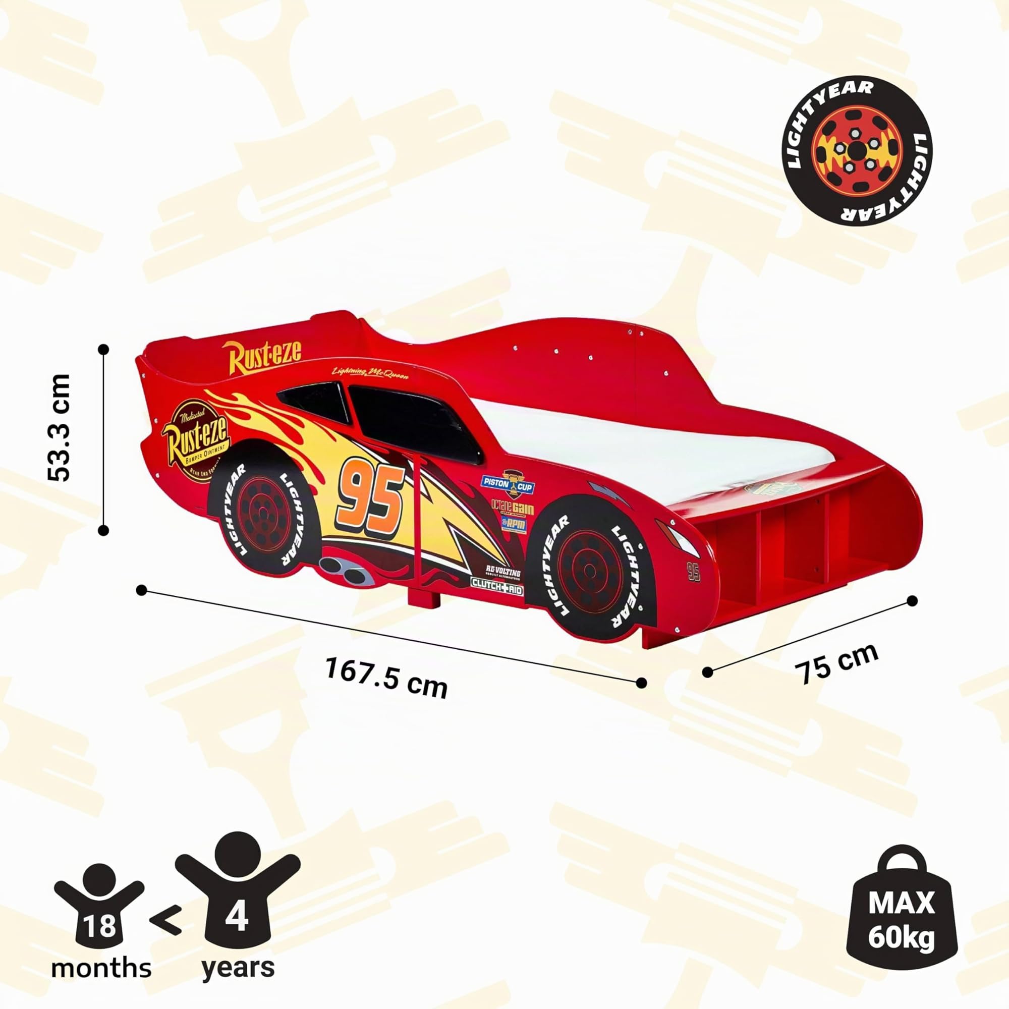 Disney Cars Saetta Mcqueen - Lettino per bambini, struttura robusta, lati protetti, doghe in legno, colore rosso brillante, adatto per materassi da 140 x 70 cm (materasso non incluso)