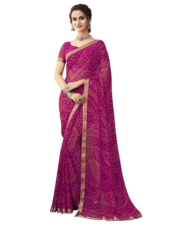SIRIL Women&#39;s Bandhani Printed &amp; Lace Chiffon Saree with Blouse(2202S874_Rani Pink1)