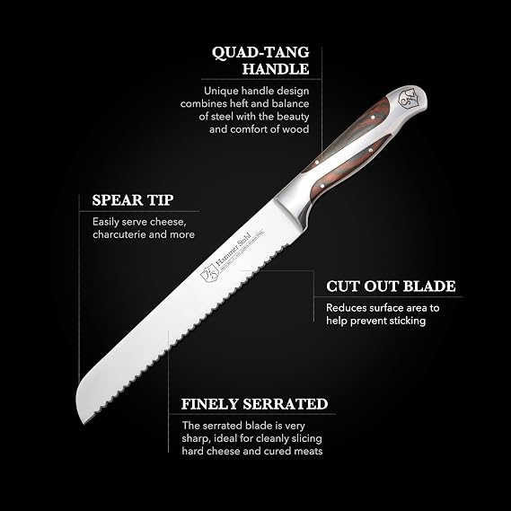 Hammer Stahl 8 Inch Serrated Bread Knife | High Carbon German Steel | Ergonomic Quad-Tang Pakkawood Handle | Scallop Edge Designed for Bread