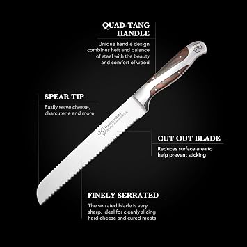 Hammer Stahl 8 Inch Serrated Bread Knife | High Carbon German Steel | Ergonomic Quad-Tang Pakkawood Handle | Scallop Edge Designed for Bread