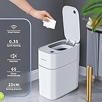 Vista 3 de JOYBOS Bote de basura automático con tapa, 3.8 galones, delgado y pequeño cubo de basura inteligente de plástico blanco, sensor de movimiento