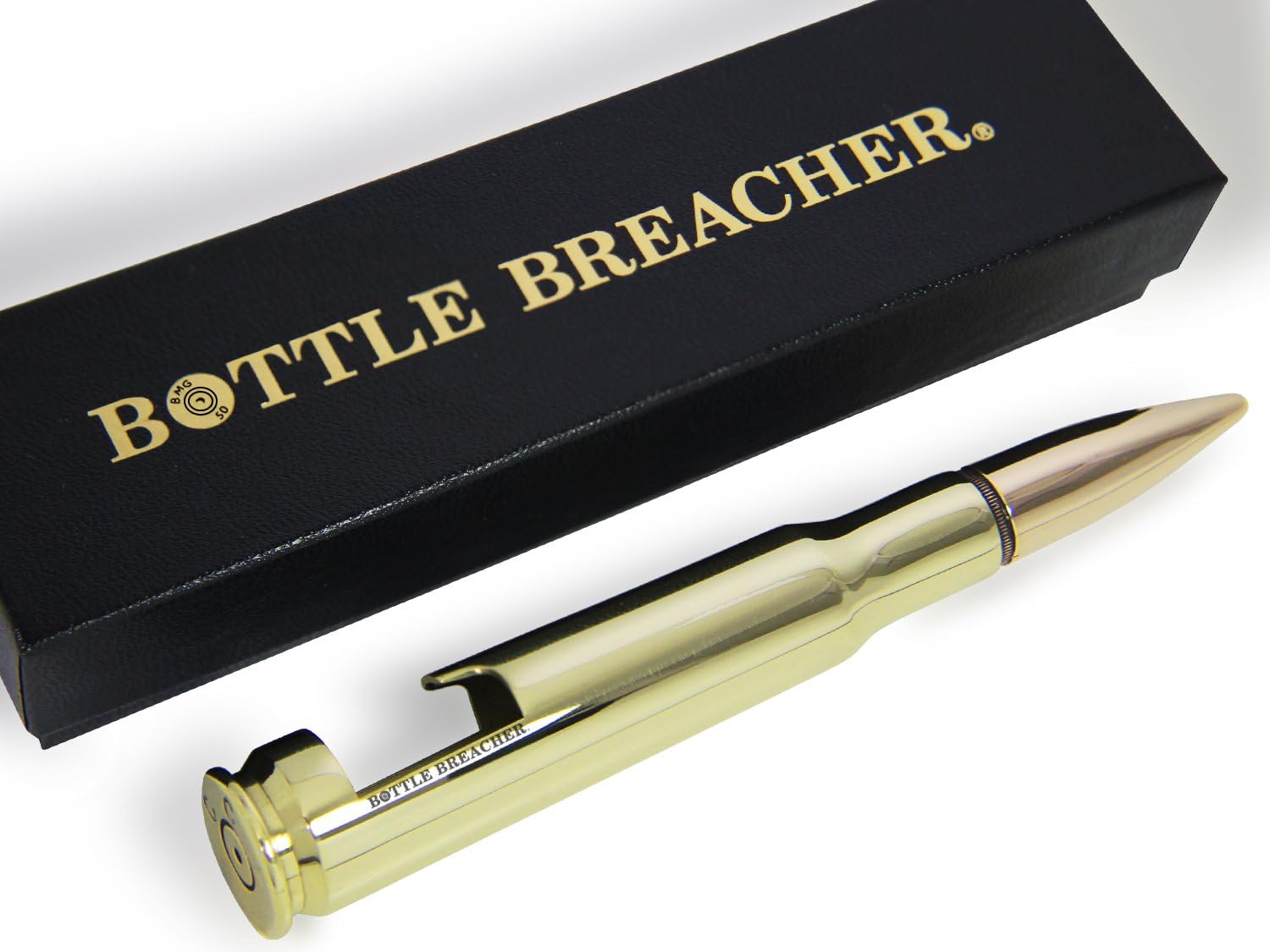 50 Caliber Bottle Breacher Bottle Opener in Polished Brass with Gift