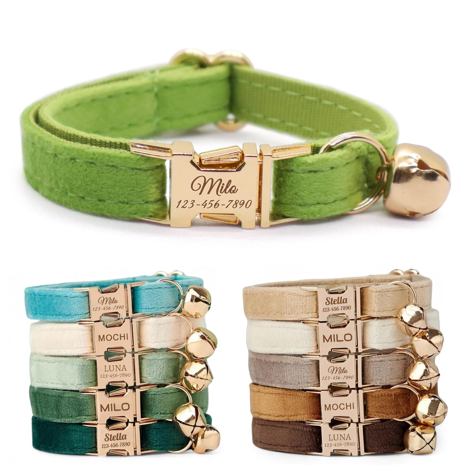 CHRYMPETIC Non-Breakaway Velvet Personalised Cat Collar with Name - Customisable Collar with Bell & Bow Tie Available (Green)