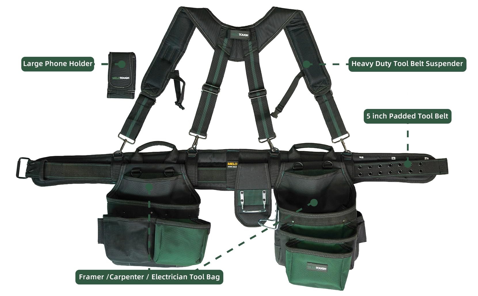 MELOTOUGH Cinturón de herramientas de delantal Pro Framer de 28 bolsillos y tirantes acolchados resistentes con diseño magnético para herramientas de técnico/mantenimiento/carpintero y electricista