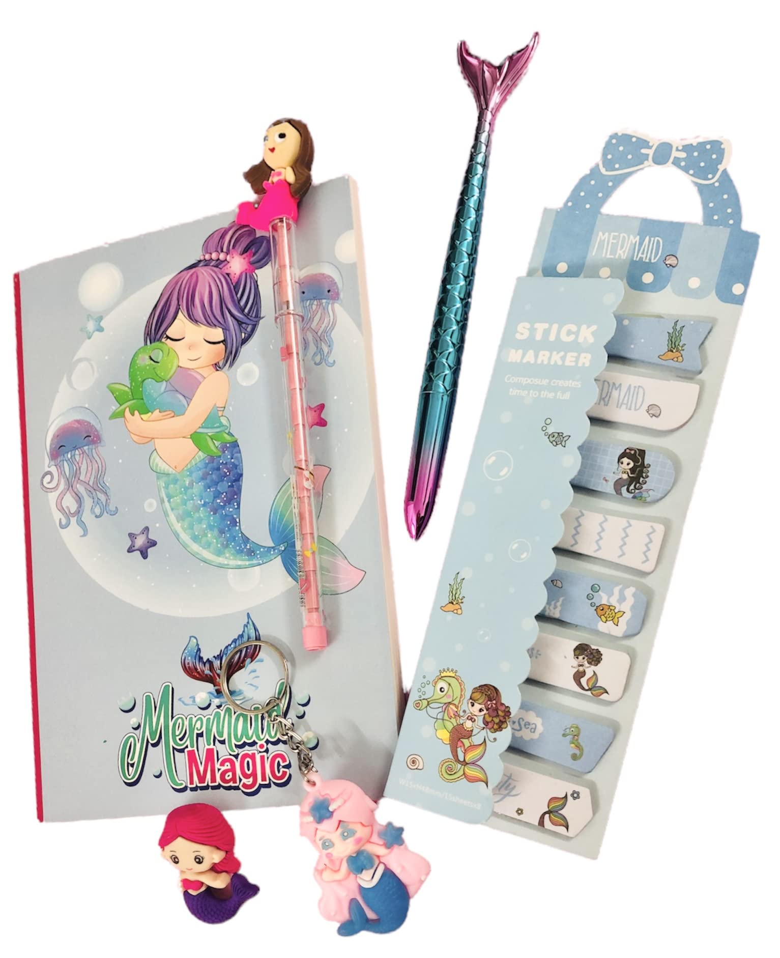 le delite Mermaid Theme Return Gift Combo Stationary Supplies For Kids Girls, Mermaid Diary Notebook With Pen Pencil- Eraser, Pencil Case, Keychain
