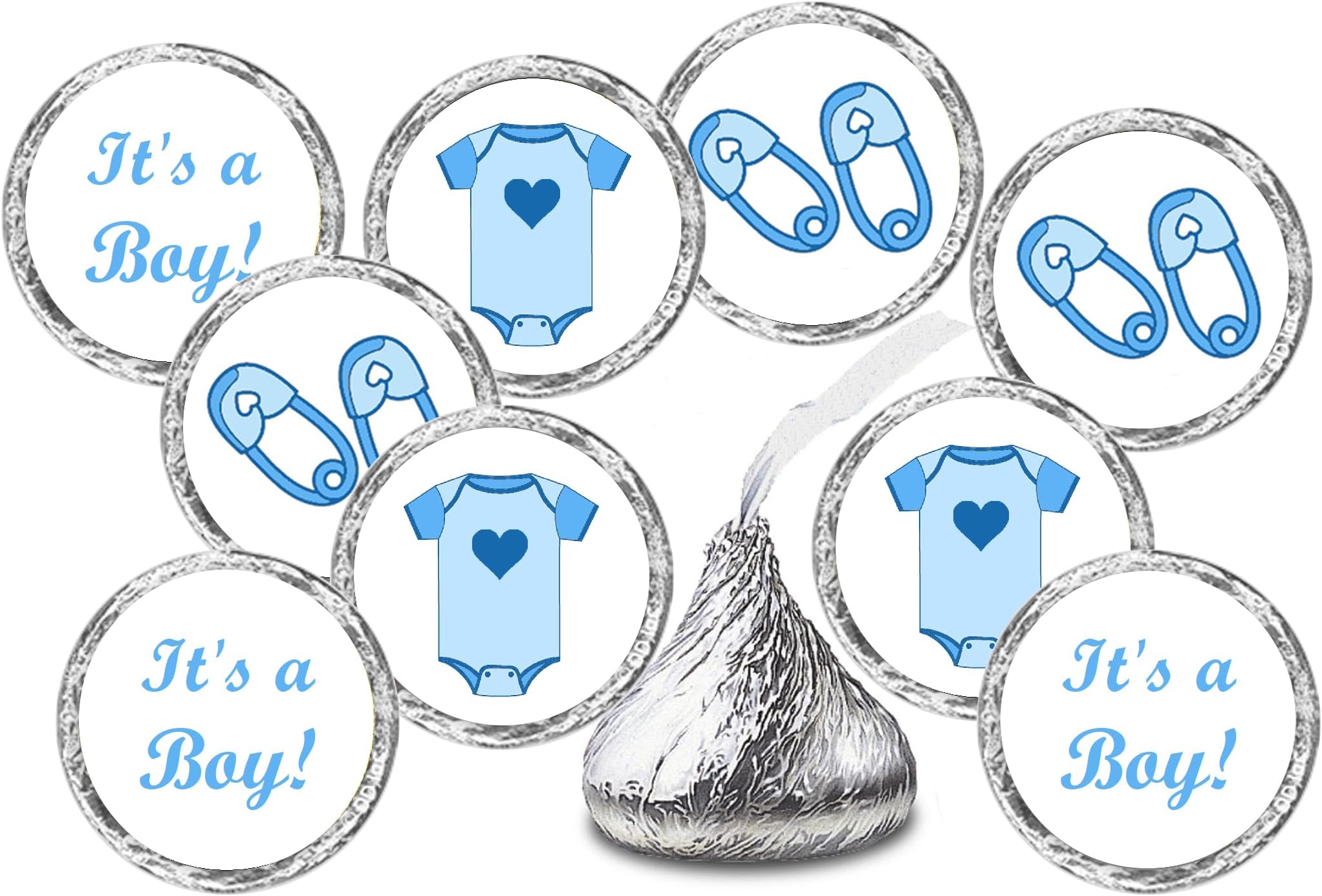 324 Blue Onesie, Pin, Its a Boy Baby Shower Favors Stickers for Baby Shower Sprinkle Party, Kisses Stickers, Blue Decorations Labels, Candy Not Included. Made in USA